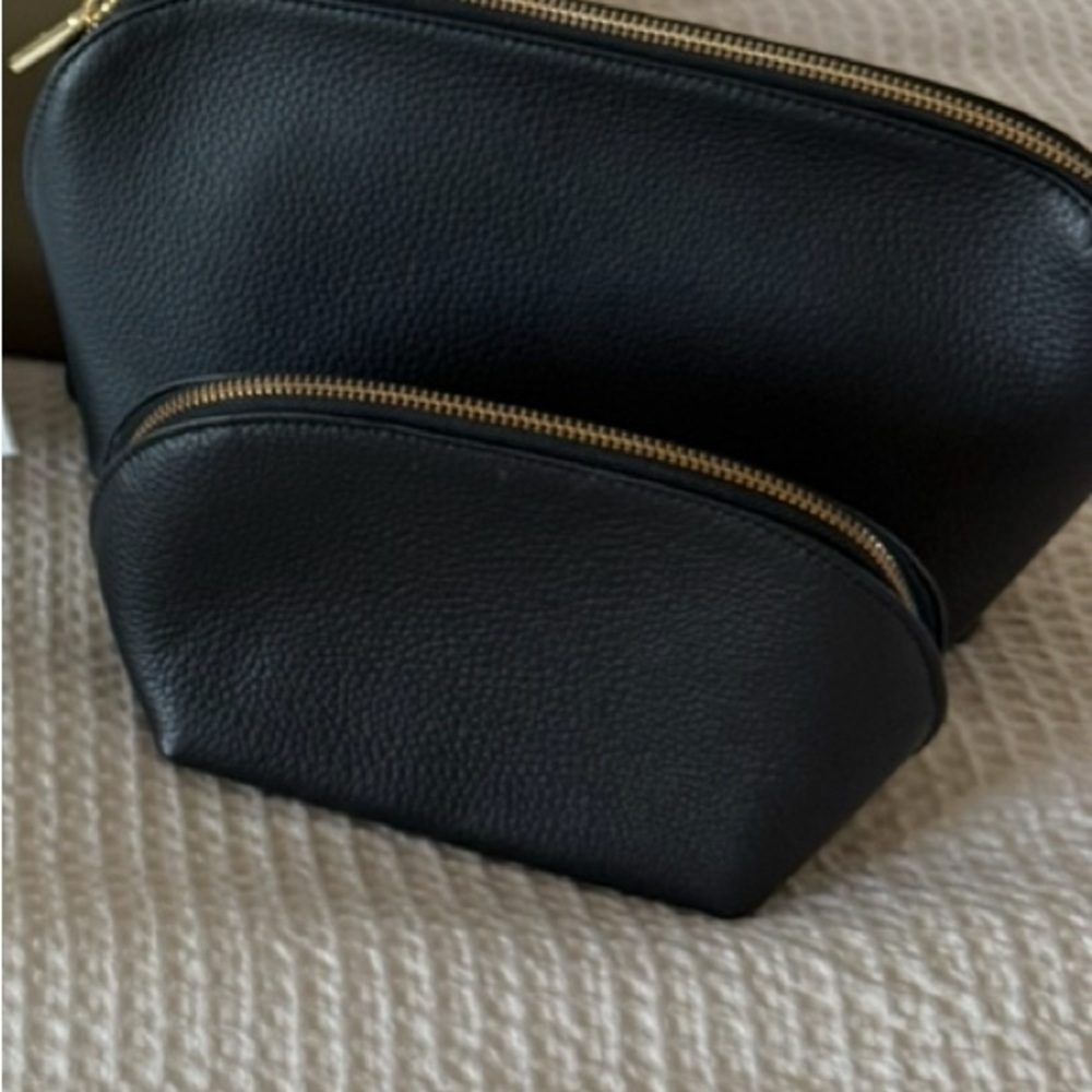 Black Leather Cosmetic Bags with Gold Zippers